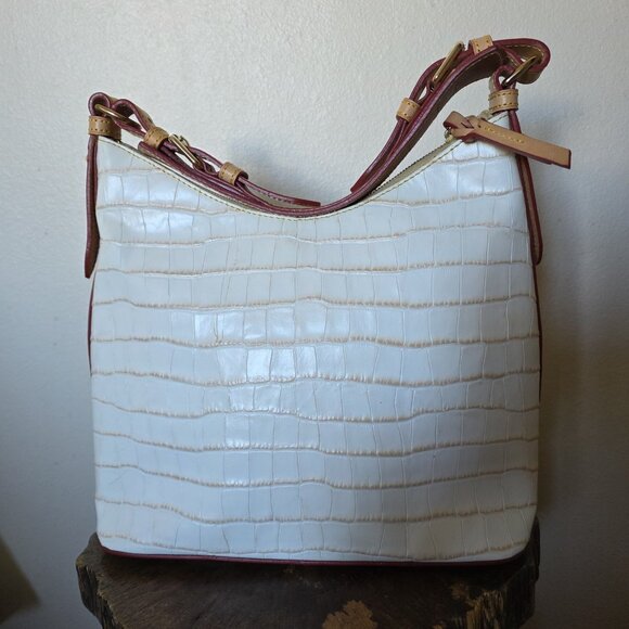 Dooney & Bourke Croco Embossed Leather Hobo Shoulder Bag Ivory Tan Trim - Picture 15 of 16